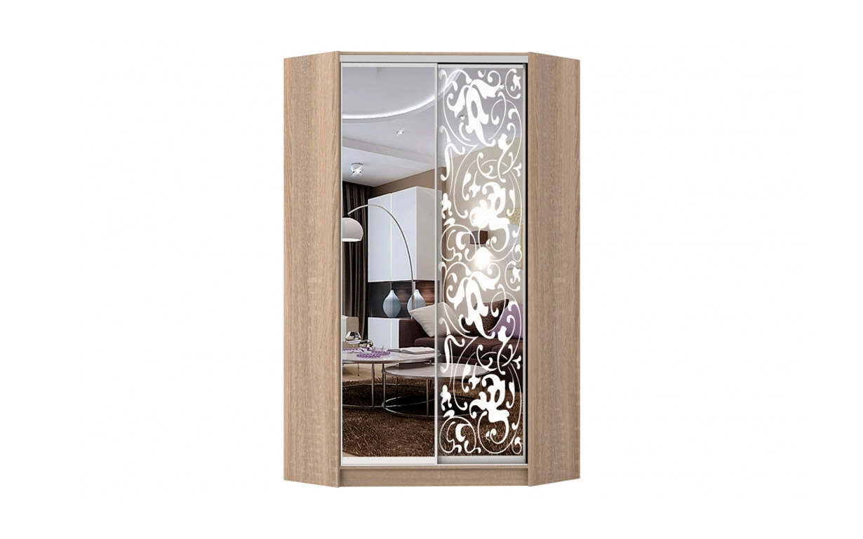 Угловой шкаф-купе: Пескоструй + Зеркало 130х130х240 см. Феникс Мебель - Фото